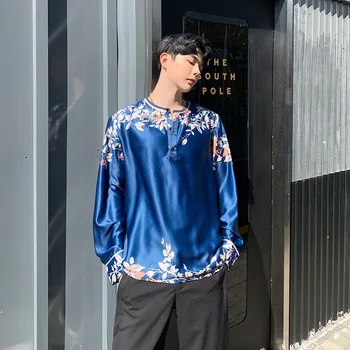 

Male Party Dress Shirts Stage Show Costumes Men Fashion Satin Style Print Loose Casual Long Sleeve Pullover Shirts