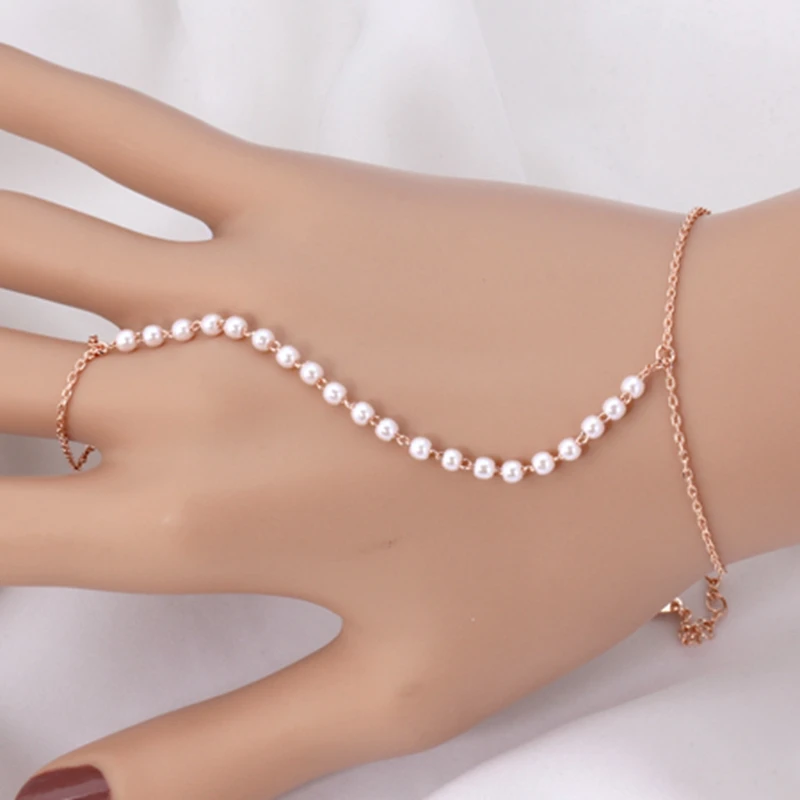 Rose Gold Plated Slave font b Bracelet b font Cute Beaded Simulated Pearl Hand Finger font