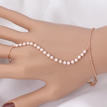 Rose Gold Plated Slave Bracelet Cute Beaded Simulated Pearl Hand Finger Chain Bracelet Women Jewelry