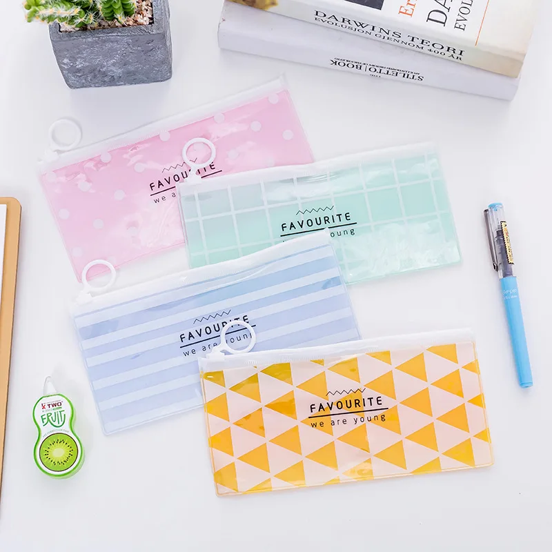 

1PCS transparent polygon pencil case simple pull ring design office student pencil bag school supplies pen box stationery