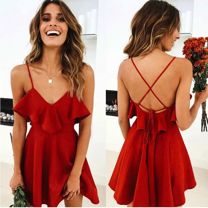 

Sexy Summer Party Mini Dress Women Backless Spaghetti Strap A-line Sleeveless Backless Elegant Deep V-Neck Vintage Ladies Dresse