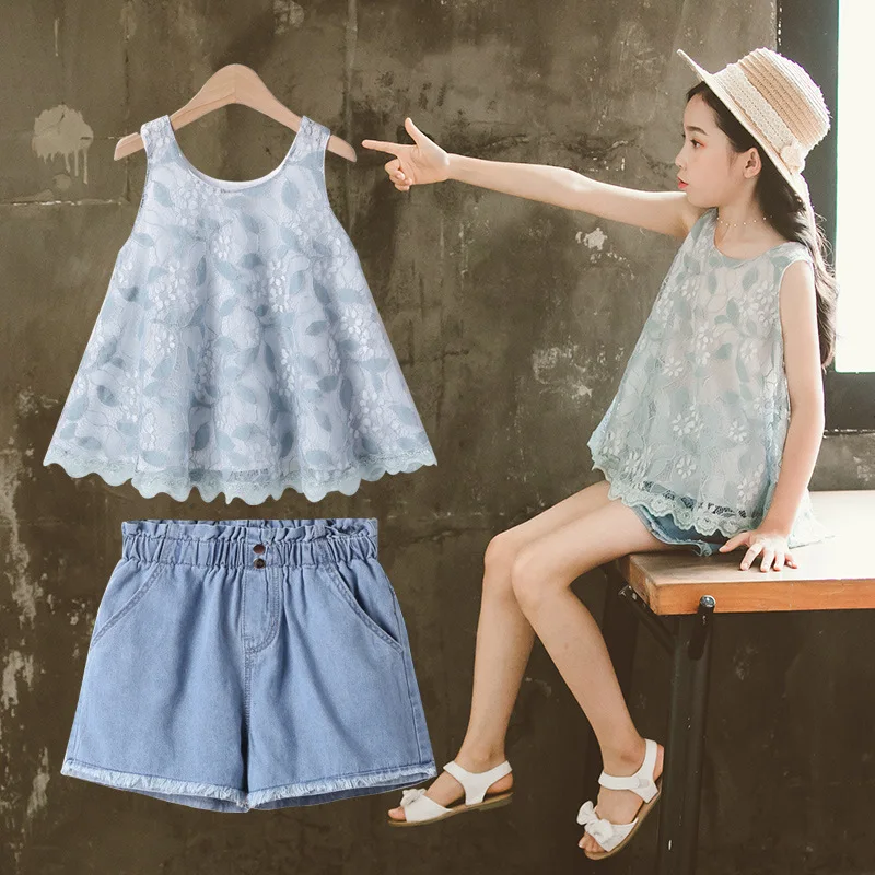 

Toddler Girl Clothes Children Clothing Sets Summer Girl Outfits Teenager Sleevelsess Shirt + Short Sets Tiener Meisjes Kleding 9