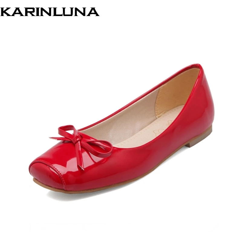 

KarinLuna Large Size 30-49 Women Square Toe Flats Quality Patent Upper Slip On Comfortable Insole Shoes Ladies Bowtie Footwear