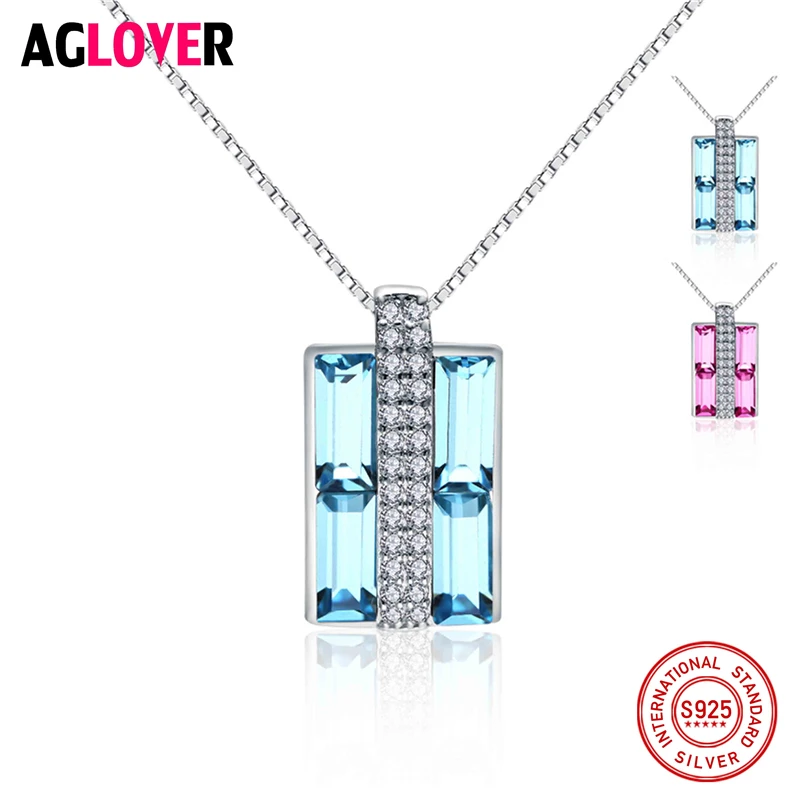 

925 Sterling Silver Gift Brand Charm Women Austrian Crystal Square Pendant Necklace Fashion Jewelry Accessories