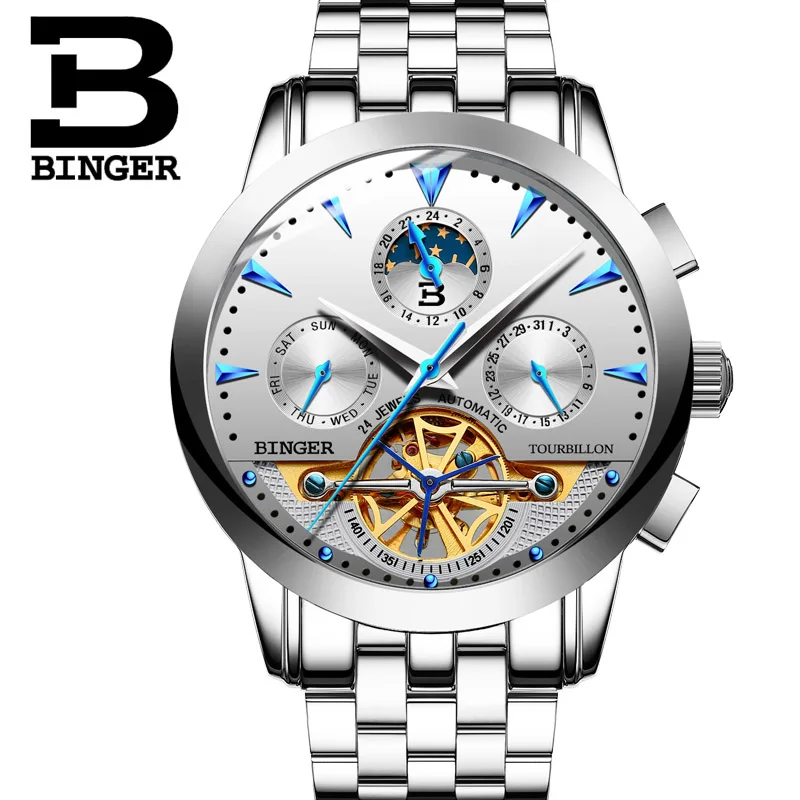 Tourbillon Men Top Luxury Brand Watches Automatic Mechanical Watch Stainless Steel Waterproof BINGER relogio masculino B-1188G - Цвет: 01