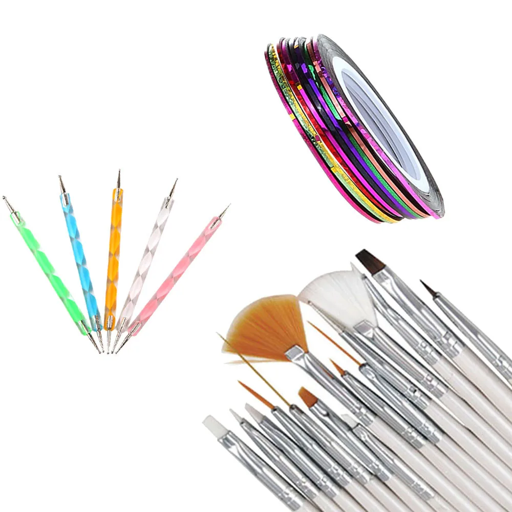 

30PCS Nail Art Design Tool Kit Dotting Painting Drawing Polish Brush Pen Gold and Silver Wire Tool Nail Striping Tape Set