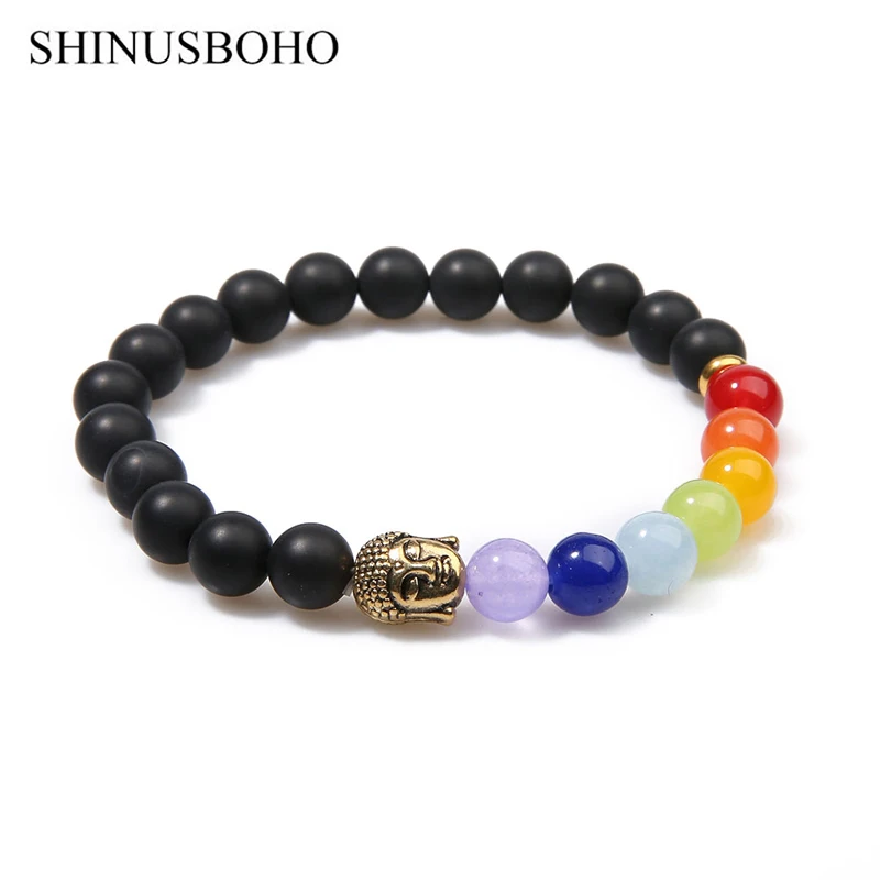 SHINUS BOHO 7 Чакра браслет мужской черный Лава исцеляющий баланс бусы рейки Будда