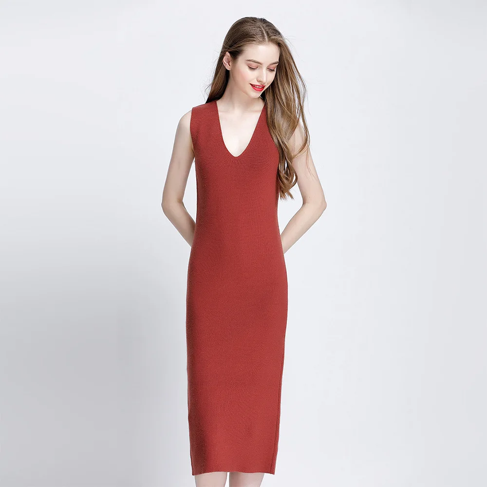

2017 Autumn New Deep V Neck Sleevess Sweater Dress Womens Knitted Mid Dress Ladies Sexy Slim Fit Dresses Vestidos
