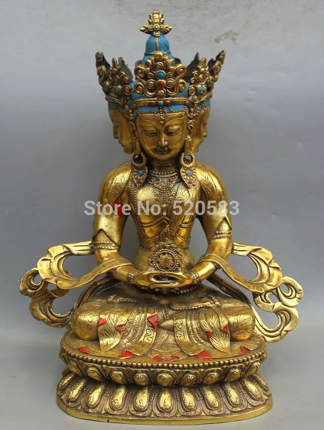 

free 16" Tibet Buddhism Bronze Gild 4 Head Amitayus Longevity God Goddess Statue fast