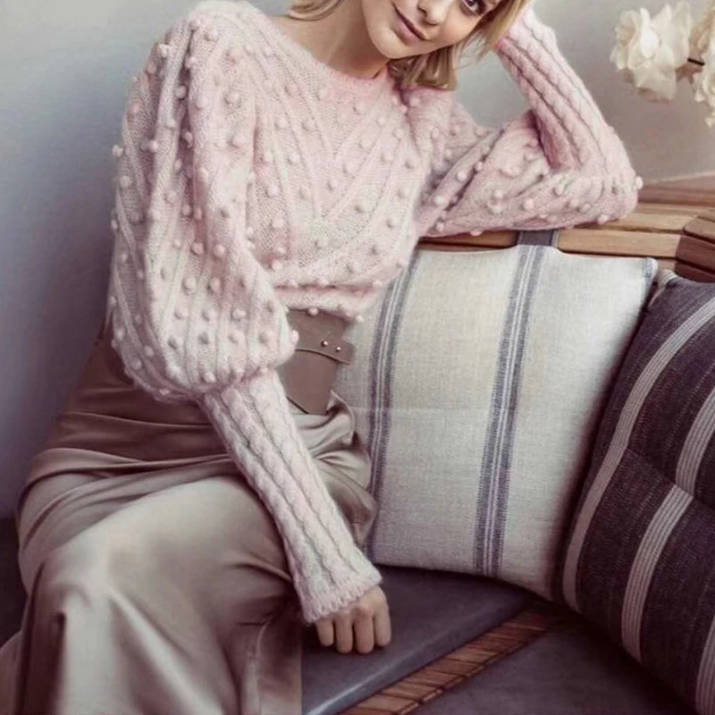 Осенний шерстяной зимний женский свитер розовый вязаный 3D шар свитер для фейерверка теплый плотный пуловер Джемпер женский вязаный Топ