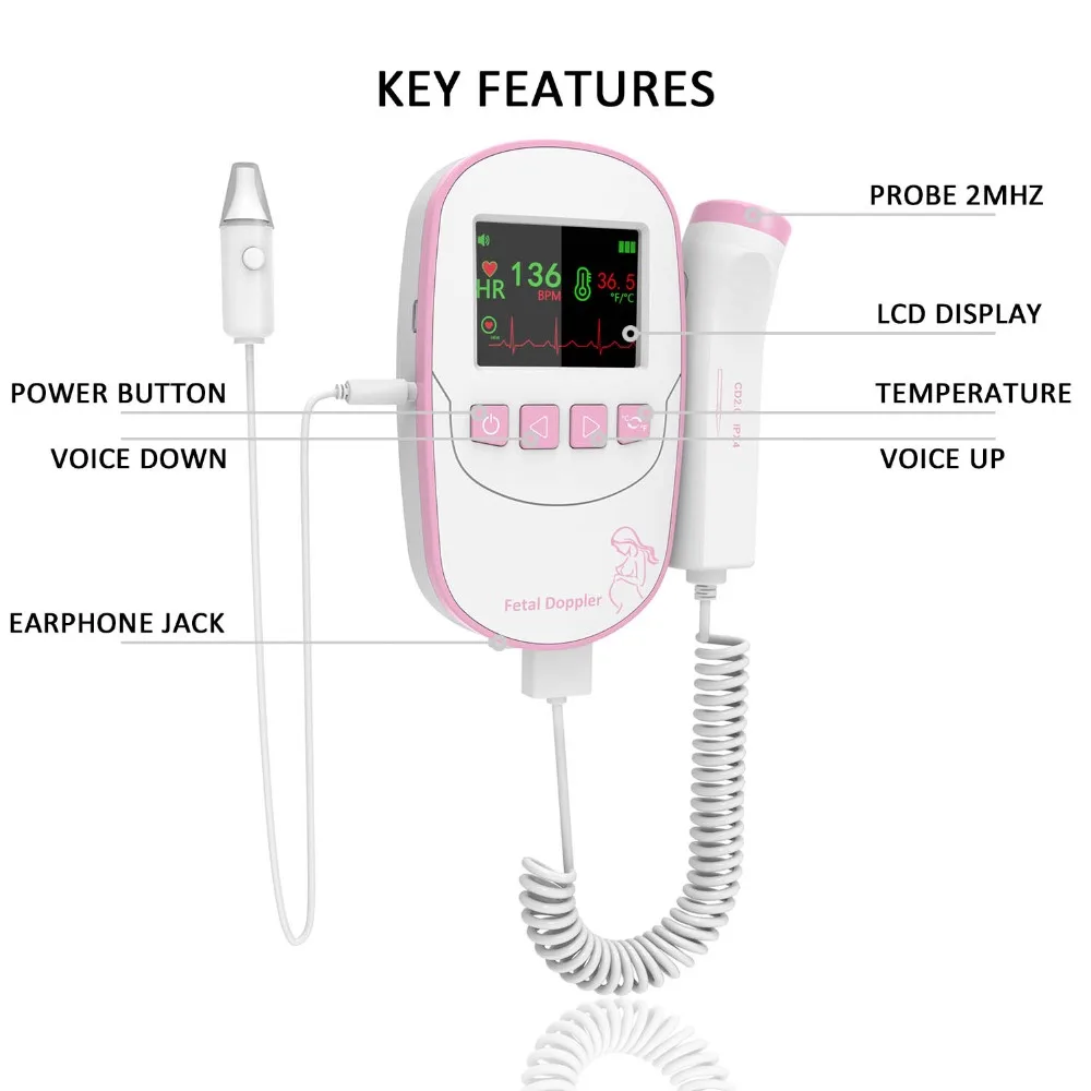  Fetal Doppler With Ear Thermometer Premium Professional 2MHZ Detector Portable Pregnancy Angel Soun