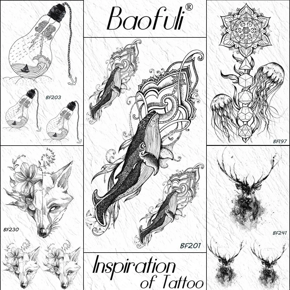Baofuli Sexy Black Henna Whale Fish Temporary Tattoos Sticker For Women Men Fake Body Art Arm Waterproof Tatoo Sheets | Красота и