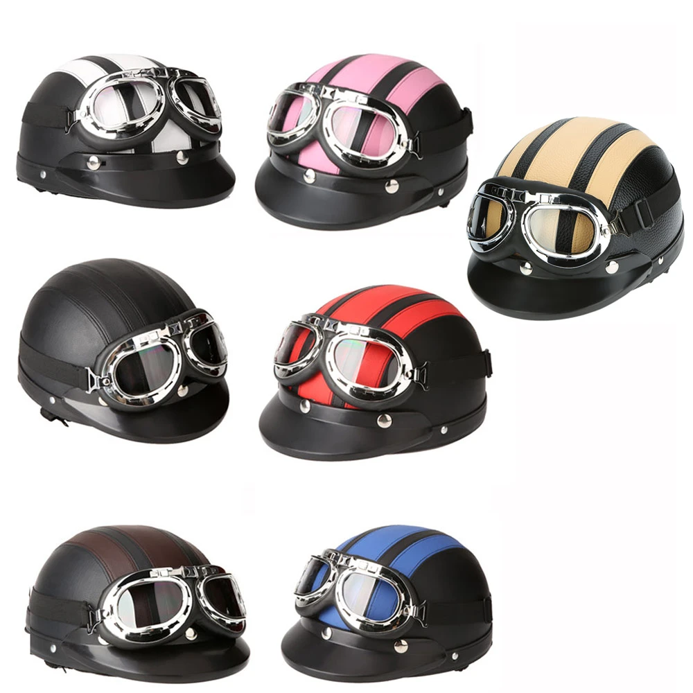 Leather Motorcycle Helmet Open Face Half 3/4 w/Goggles Scooter Cruiser Bike L