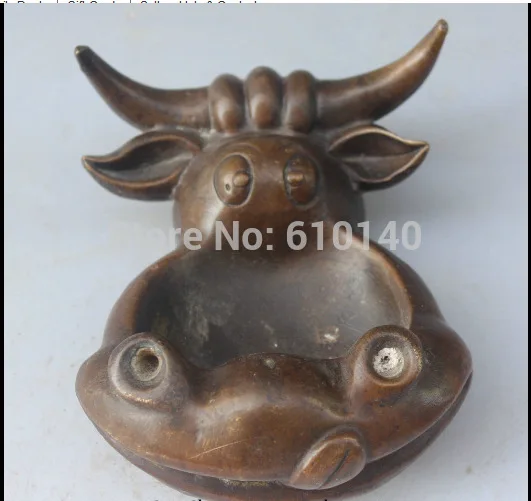 

6" China Chinese Folk Bronze Cute Zodiac Year Bull Oxen Ashtray