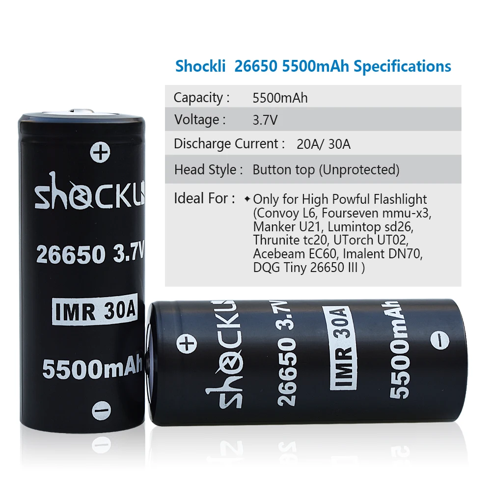 Shockli 26650 5500mAh 3,7 V литий-ионная аккумуляторная батарея 30A 26650 литиевая батарея подходит для высокомощного фонарика Emisar D4s TC20