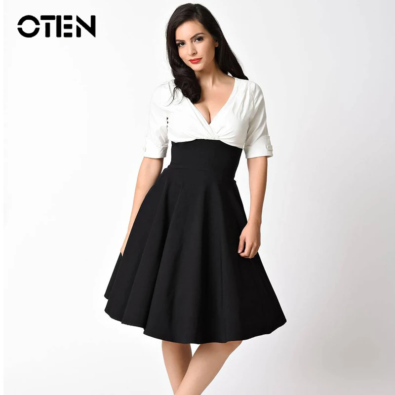 

OTEN Sexy Womens Fashion V Neck Half sleeve Front Ruched Black White Casual Knee Length Skater swing Plus size 3XL dress 2018