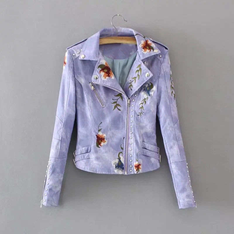 Veste Emboridery Outwear À Fermeture Causal Doux En Femmes Vestes Nouveau purple Longues Poche Cuir Black white Pu Slim Mince Éclair Manches Punk Était Atumn 2018 1q8pxwPp
