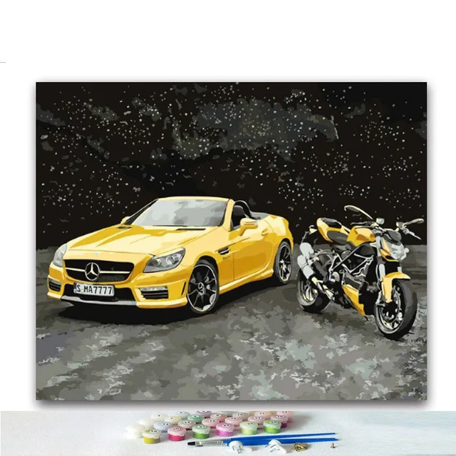 

Diy coloring paints by numbers Yellow sports car motorcycle pictures paintings by number with colors kits for kids 40x50 frame