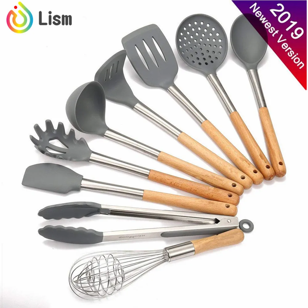 

Kitchenware Silicone Kitchen Utensil Set of 9 Cooking Utensils Set Stainless Steel Wooden Handle Spatula Set Tools for Cooking