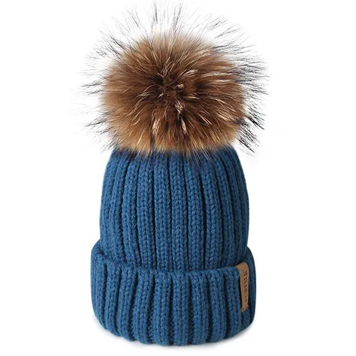 Furtalk Реального Меховая Шапка Вязаная Реальный Большой Енота Pom Pom Hat женщины Зимняя Шапка Унисекс ДетиТеплый Коренастый Толстая Эластичный вязать - Цвет: Blue 1