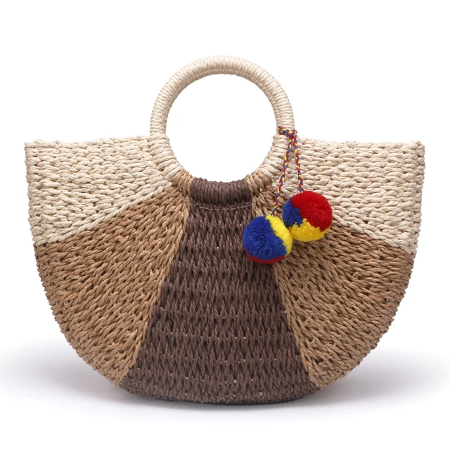 Best Offers New large retro straw bag classic semi-circle transition color paper rope woven bag beach casual hand bag