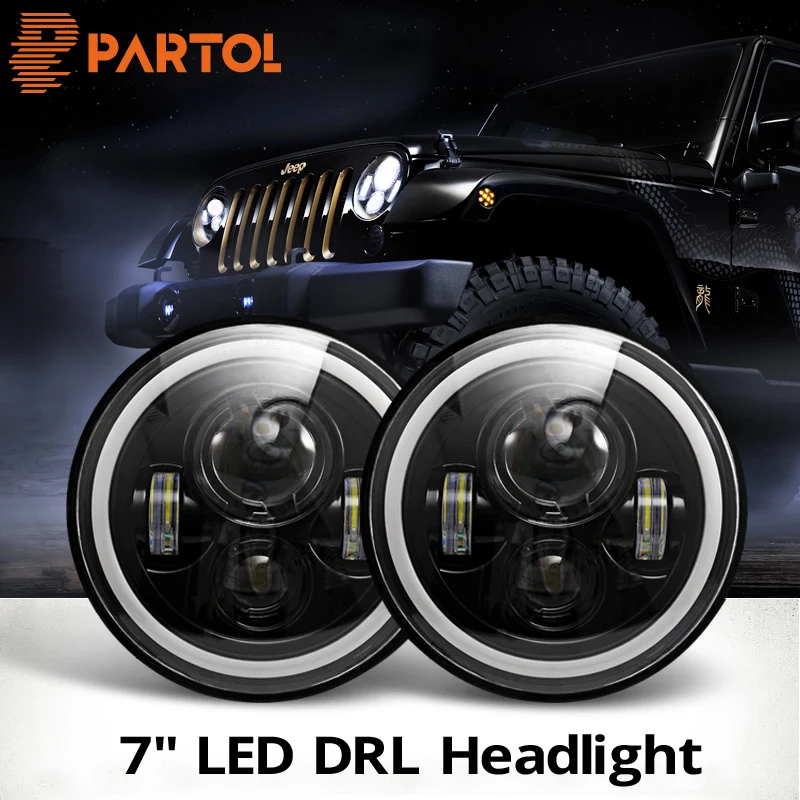 Baratos Partol 2 uds 7 pulgadas LED bombillas de faros Halo ángulo ojos DRL faro Led 12v para Wrangler JK 2 2007, 2008, 2009, 2010, 2011 2015