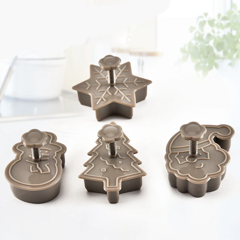 DIY 4pcs Christmas Tree Snowman Plastic Baking Mold Kitchen Biscuit Cookie Cutter Pastry Plunger Fondant Cake Decorating Tools