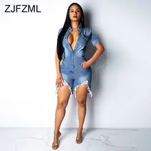 Летний джинсовый комбинезон с короткими рукавами для женщин, с отложным воротником, на пуговицах, короткий комбинезон, повседневные, с карманами, открытые вечерние комбинезоны