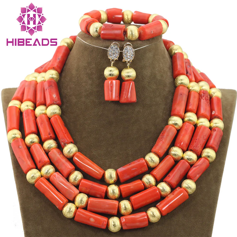 

2018 Coral Bead Sets Jewelry Latest Design Nigerian Beads Necklace Set Bridal Jewelry Set Gold Free Shipping CNR708