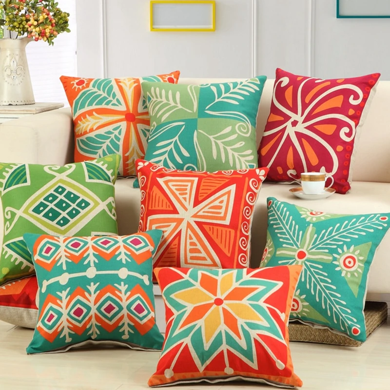 

Colorful Leaf Floral Pillow Cushion Covers American Style Green Orange Decorative Pillows Cotton Linen Sofa Chair Throw Pillows