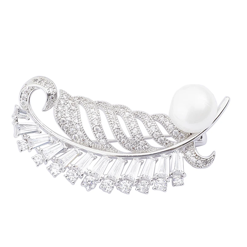2018 New Fashion Simulated-Pearl Jewelry Luxurious Silver Color Pin Rhinestone Begonia Leaves Brooches For Women Leaf Brooch | Украшения и