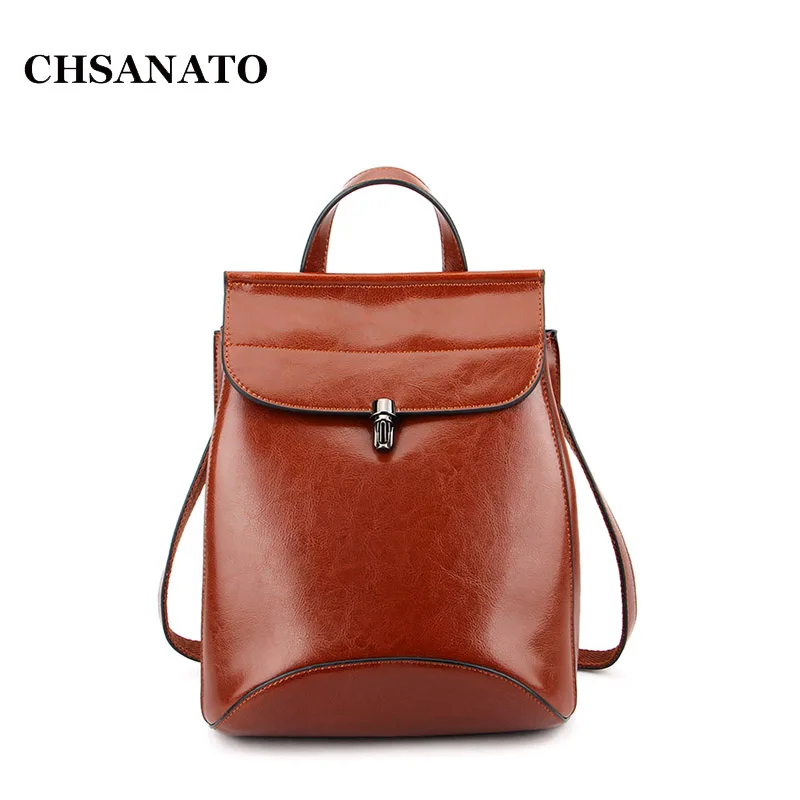 

CHSANATO Vintage Women Backpack Oil Wax Leather School Backpacks For Teenage Girls Casual Large Capacity Shoulder Bags