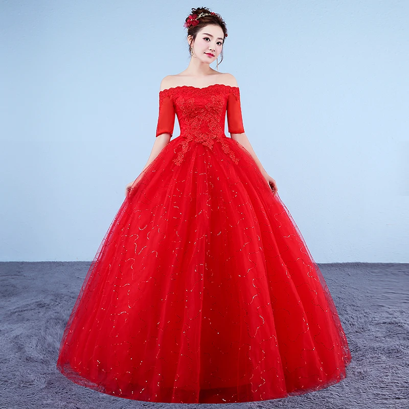 foto-real-vestidos-de-casamento-2022-barco-pescoco-laco-manga-curta-vermelho-romantico-noiva-princesa-rendas-ajustar-apliques-vestido-novia