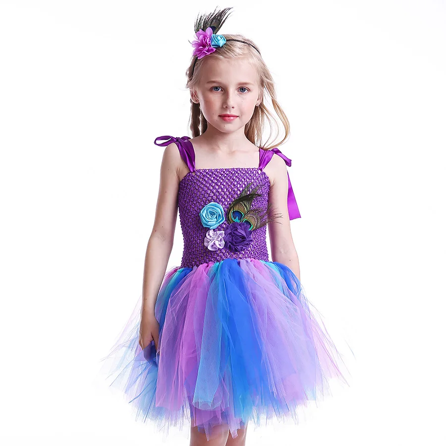 Kids Peacock Feather Halloween Purim Tutu Dress with Hair Hoop Flowers (10)