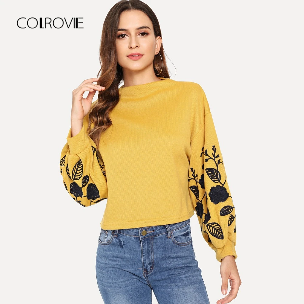 Goedkoop COLROVIE Gember Bloemen Borduren Crop Trui Dames Sweatshirt Vrouwelijke 2018 Herfst Casual Vrouwen Streetwear Sweatshirts Kleding