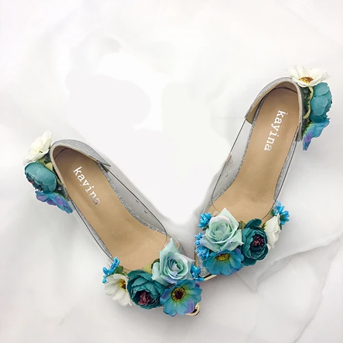 Свадебные туфли с цветами для невесты, с заостренным носком, со стразами, жемчугом, для свадебного банкета, фотосессии, для ночного клуба - Цвет: blue flower no fairy