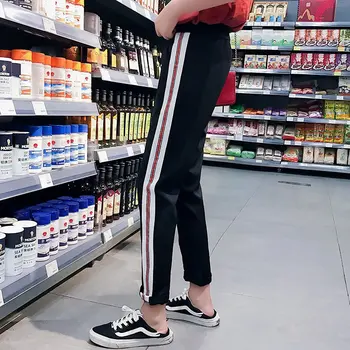 

Ladies Side Striped Pants Elastic Waist Woman Harajuku Casual Summer Patchwork Black Pantalon Mujer Harem Sweatpants Trousers