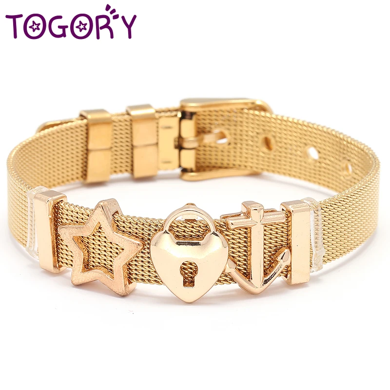 

TOGORY High Quality Stainless Steel Mesh Bracelet Set With Love Heart Crystal Charm Fine Bracelet for Woman Wife Lover Gift