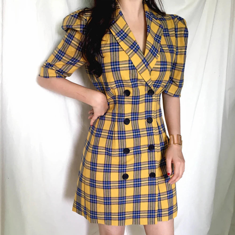 

Women Summer Notched Plaid Yellow Double Breasted Bodycon Mini Dress with Buttons Female Vintage Vestido Robe Femme Ete