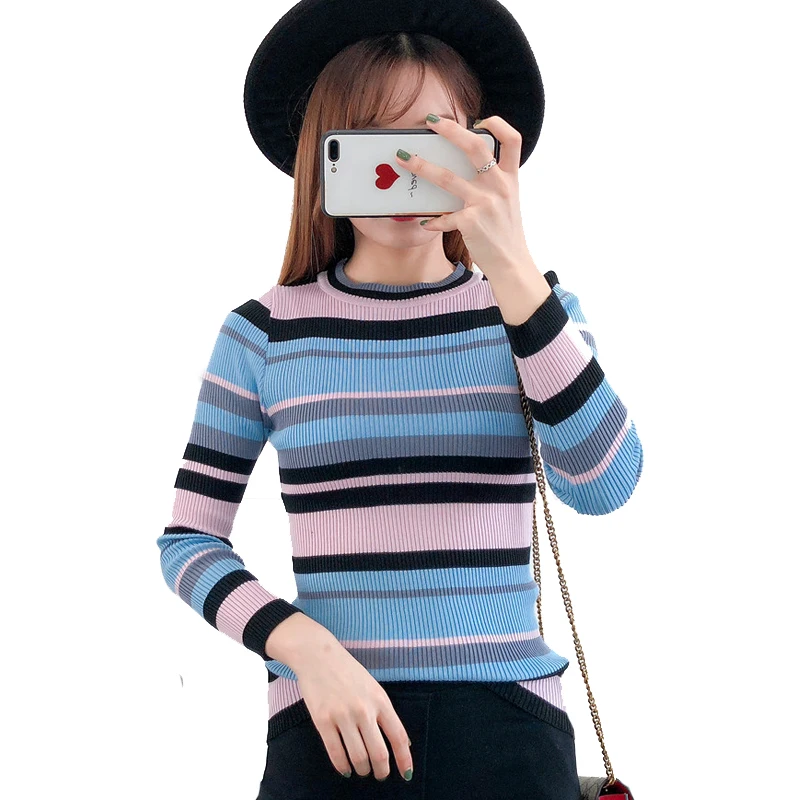 Harajuku Sweater Ladies Multicolor Striped Pullover Sweaters Slim Long Sleeved Flat Knitted Sweater Winter Clothes Women