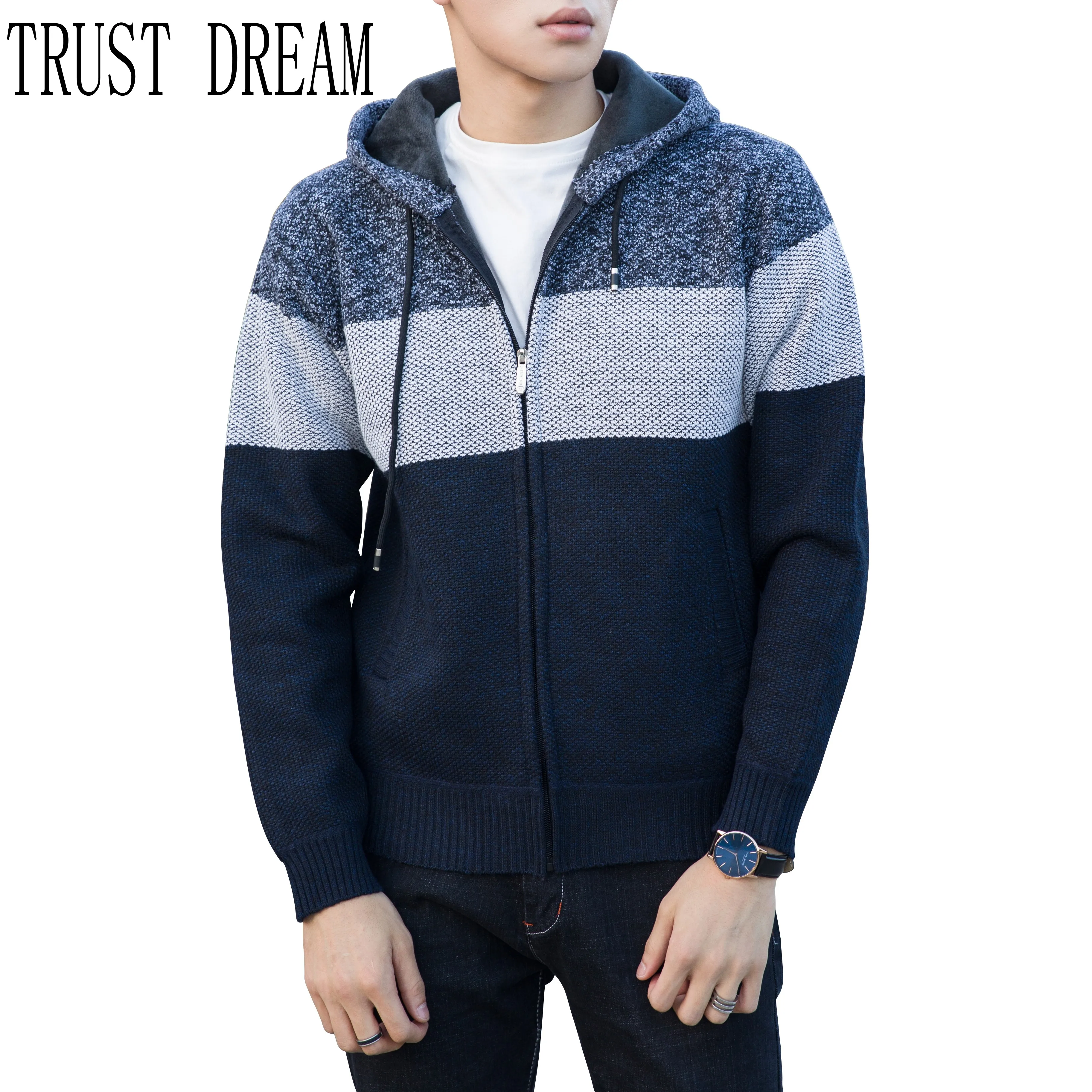 

2019 Fall Winter Man Daily Sweater Hooded Thick Velvet Knitted Blend Colors Outwear Men Hoodes Warm Casual Fashion Quality Coats