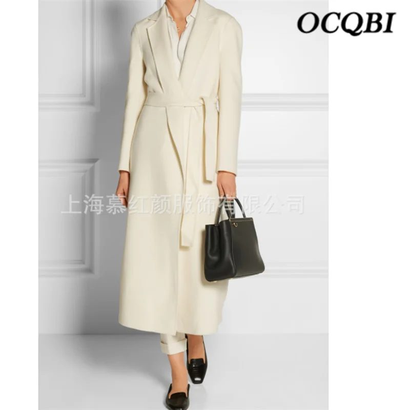 

2019 Winter OL Fashion Cashmere Women Long Coat Elegant Belt Designers White Plus Size Coat