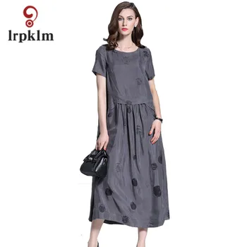 

2018 New Women Spring Summer Silk Dress Ladies O-neck Loose Mid-Calf Dresses Print Dot Women's Short Sleeve Dresses PQ247