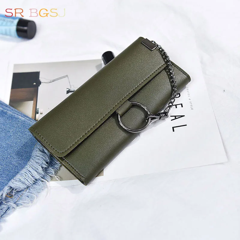 

Free Shipping Ring Link Chains PU Cash Phone Holder Leather Women Clutch Long Wallet Purse