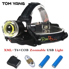 USB Aluminum Alloy T6+COB light headlight 10000 Lumens Zoomable LED Headlamp 4 Mode Camp Head Torch SOS Whistle Use 2*18650/3*AA