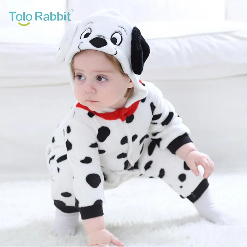 Baby Cartoon Rompers Newborn Hooded Toddler Clothing Boys Girls Minions Animal Jumpsuit Playsuit Costume Flannel Baby Rompers - Цвет: Dot Dog