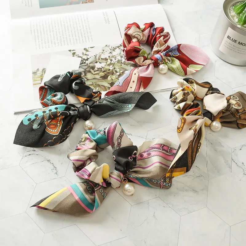 

2019 Vintage Floral Bowknot Silk Scrunchies Hair Ties Women Ponytail Holder with Pearls Headband Multicolor for Hair Accessories