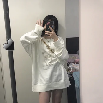 

2020 Autumn Winter Women Sweatshirts Hoodies White Mouse Printed Casual Pullover Cute Jumpers Long Sleeve O-Neck Cotton Tops