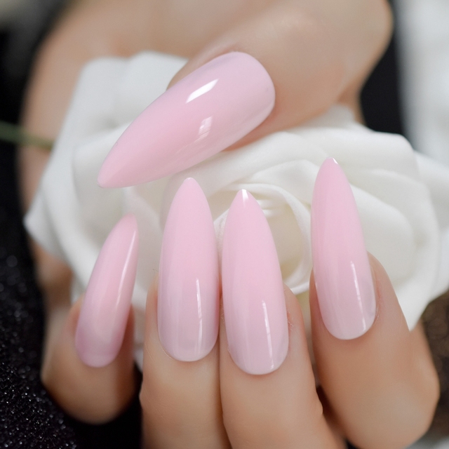 Long STILETTO False Nails Pre-designed Curved Pink Marble Press On Nails including glue sticker
