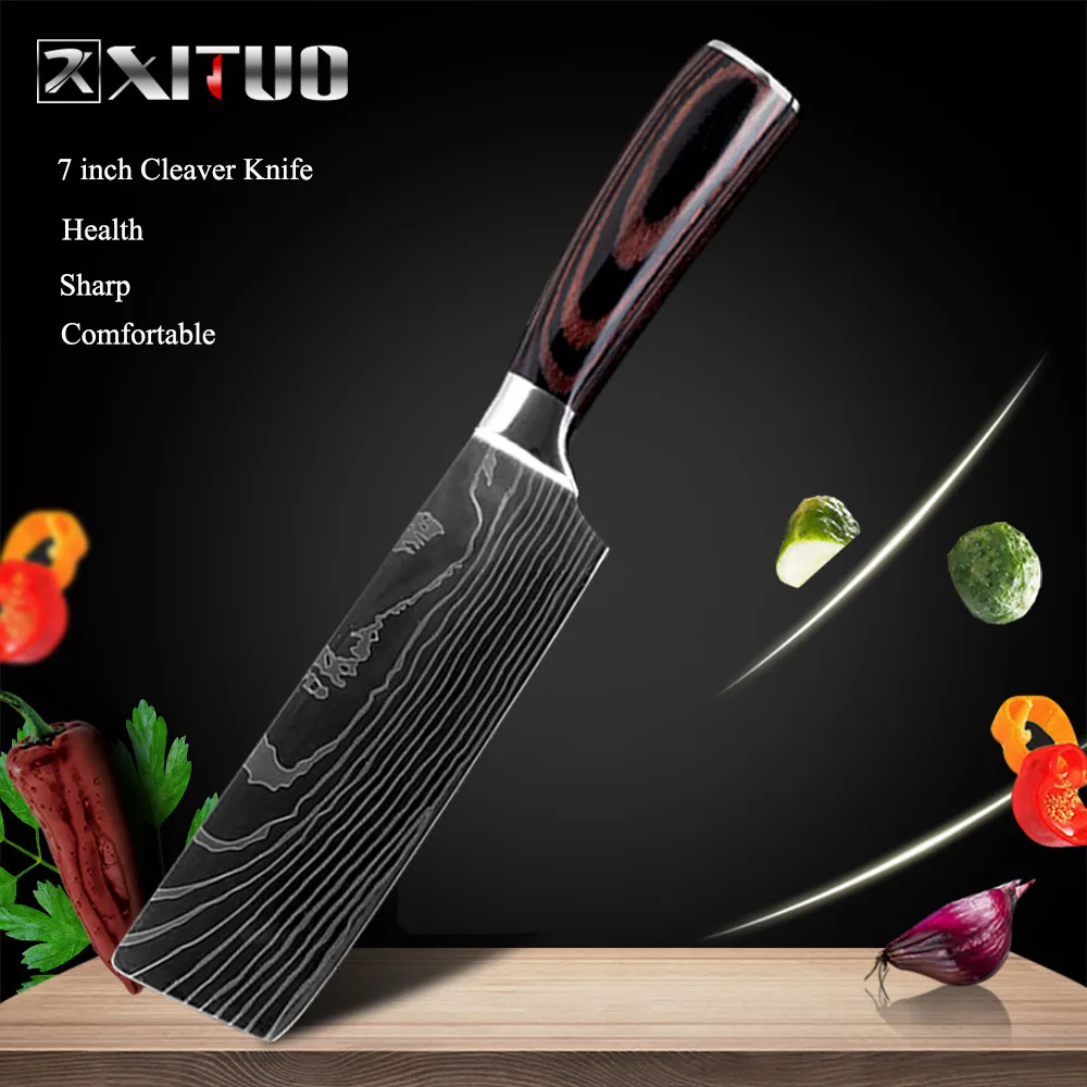 XITUO шеф-повара набор кухонных ножей 8 в профессиональные японские поварские ножи 7CR17 440C высокоуглеродистая Нержавеющая сталь нож для нарезки сантоку - Цвет: 7 in cleaver knife